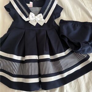 Jessica Ann Navy and White Sailor Pleated Dress with Bow
